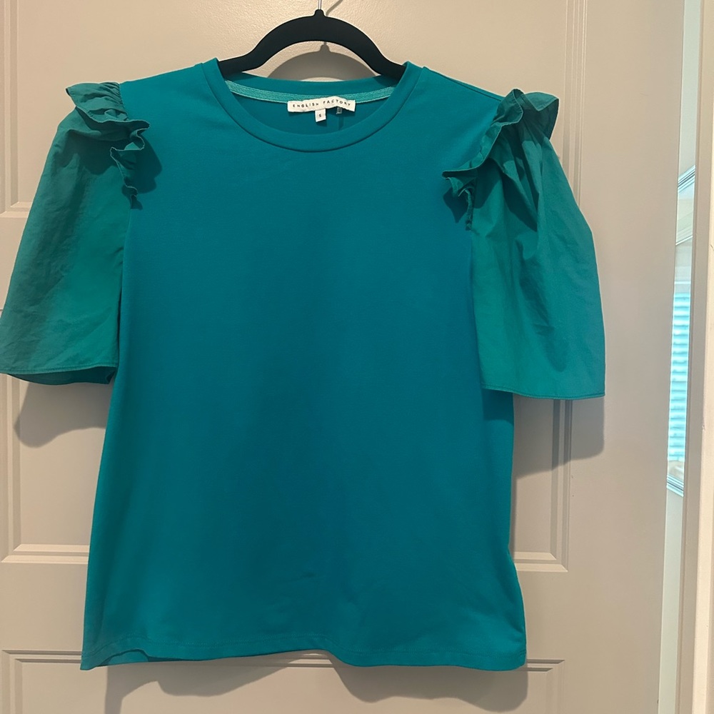 Turquoise Puff Sleeve Poplin Knit Top.  (Excuse the wrinkles.)